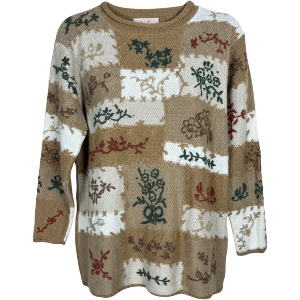 Jaclyn Smith Womens Patchwork Floral Knit Sweater Tan Cream Green Size M